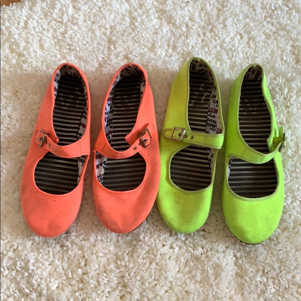 Two pair of neon Mary Janes